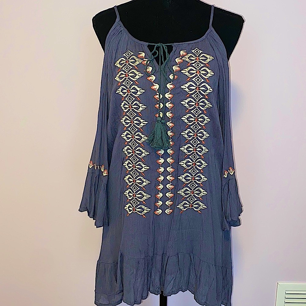 Cold Shoulder with Adjustable Strap and Flutter Sleeves Embroidery shirt dress